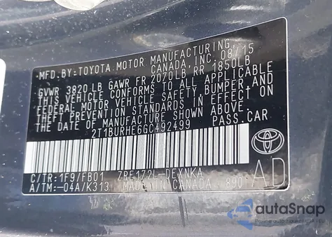 2016 Toyota Corolla Le Plus z USA, uszkodzony, nr VIN 2T1BURHE6GC492499